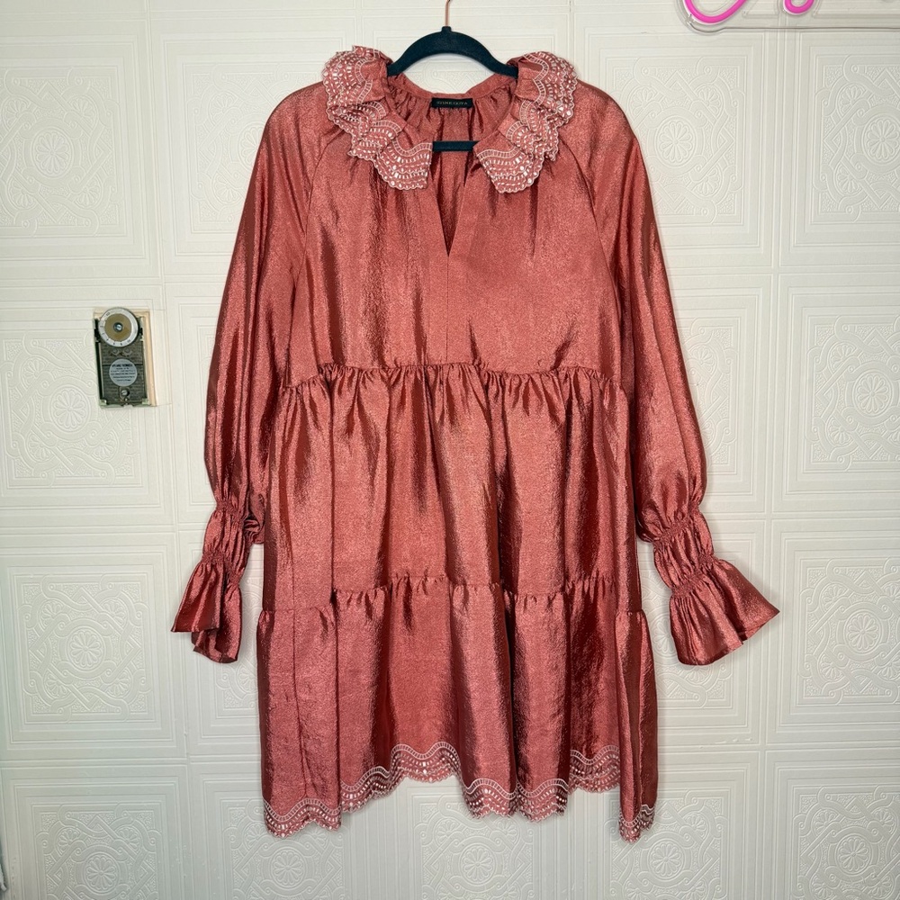 Stine Goya Daki Tiered Long Sleeve Hammered Satin Ruffle Dress Medium - Picture 2 of 11